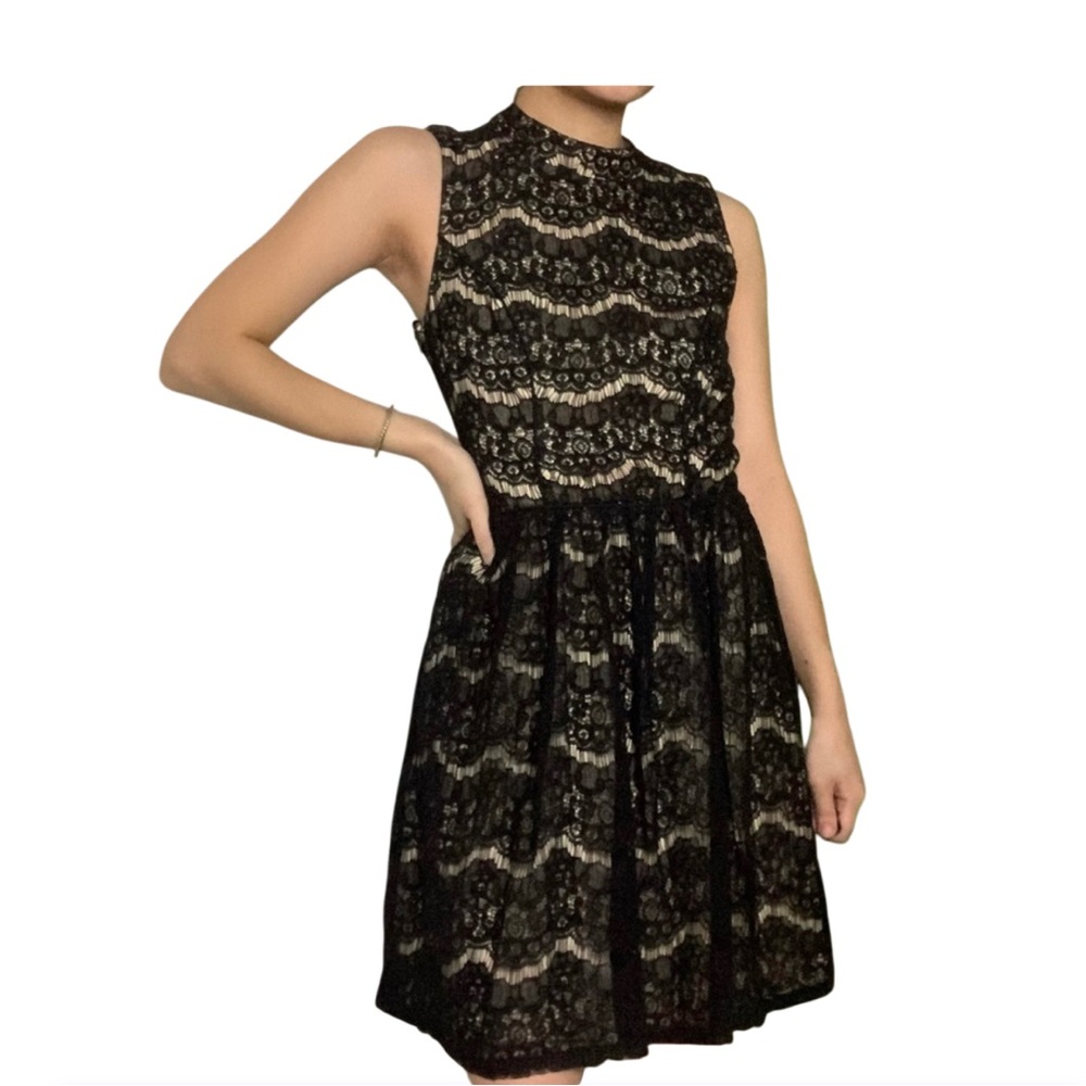 City Triangles Lace Black and Tan Halter Fit and Flare Dress Y2K